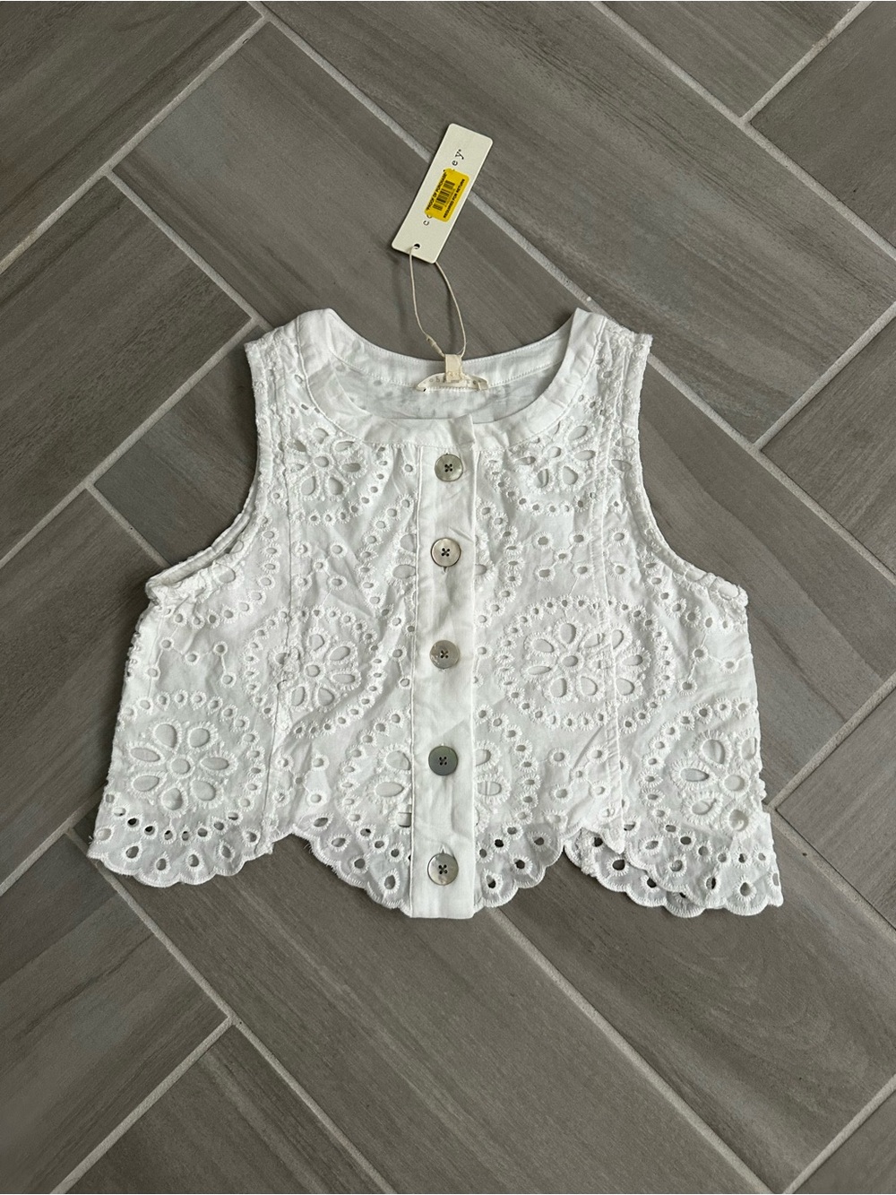 Copper Key White Eyelet Button-Front Crop Top